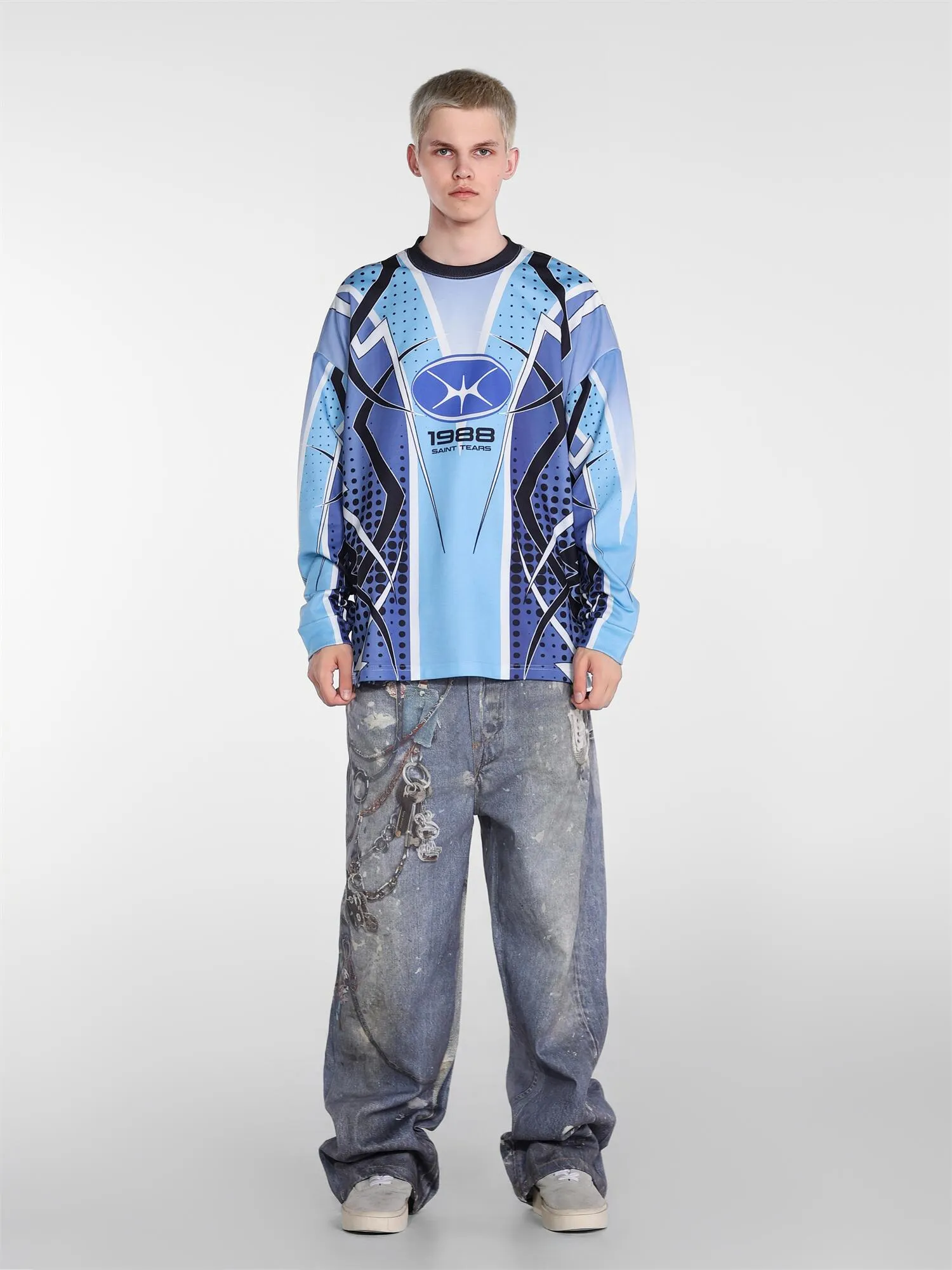 Saint michael tears all-over printed long-sleeved vintage autumn and winter T-shirt Style number: 120 Size: M L XL Wholesale price: 136 Color: blue pink
